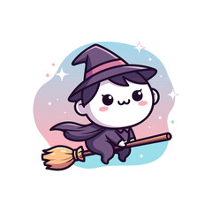Cute little witch cartoon character riding broom on