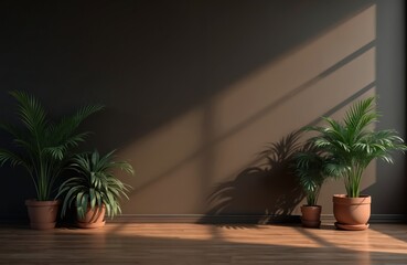 Fototapeta premium Empty room with potted plants on a wooden floor. Sunlight streams through windows casting shadows on a dark wall. Perfect for backgrounds, interior design concepts, or advertisements.