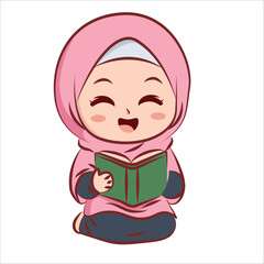 Happy Chibi Muslim Girl Reading the Quran (Holy Book)