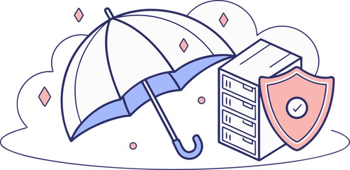 Flat vector illustration showing umbrella protecting laptop with lock and warning shield, symbolizing cybercrime risks, data breach alerts and online security for tech banners, apps and infographics.