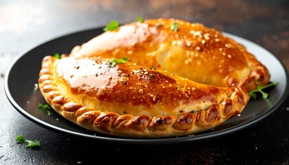 Golden-brown, savory pastries sit attractively on a dark plate, their crusts glistening with a tempting sheen. Garnished with herbs