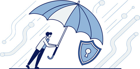 Flat vector illustration showing umbrella protecting laptop with lock and warning shield, symbolizing cybercrime risks, data breach alerts and online security for tech banners, apps and infographics.