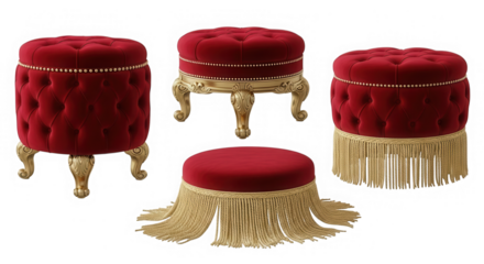 Luxurious red velvet ottomans with golden details isolated on transparent background