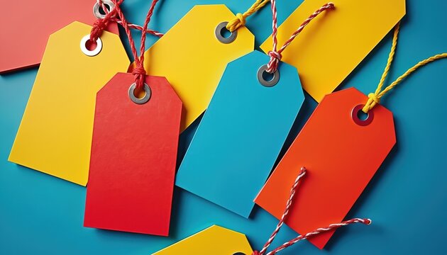 Assorted bright colored price tags arranged randomly on blue background. Red yellow blue orange tags with strings for retail sale and branding. Blank labels ready for custom text.