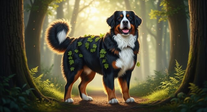 Beautiful Bernese Mountain Dog standing in a sunlit forest surrounded by greenery during a peaceful afternoon - Powered by Adobe