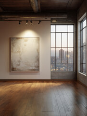 Industrial loft gallery with exposed concrete ceiling, large abstract artwork, steel-frame windows, and warm natural light