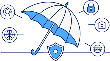 Flat vector illustration showing umbrella protecting laptop with lock and warning shield, symbolizing cybercrime risks, data breach alerts and online security for tech banners, apps and infographics.
