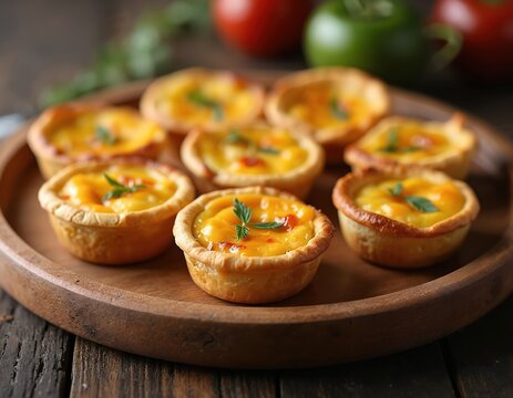 Hot mini quiches served on wooden plate with parsley garnish. Small baked pastry shells filled with creamy egg mixture. Delicious appetizers ready for party or event.