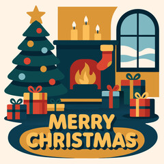 Warm Christmas Fireplace Scene with Decorated Tree, Wrapped Gifts, and Cozy Holiday Atmosphere
