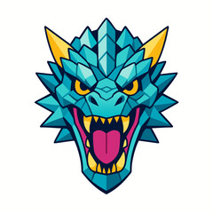 Angry blue dragon head mascot with sharp geometric scales and open mouth, powerful fantasy creature design for gaming team logos, esport branding and stickers