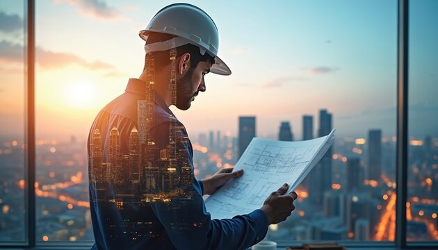 Man in hard hat studies blueprints. Architect overlooks city skyline at sunset planning new construction project. Engineer reviews plans, designs buildings. Urban development ahead.