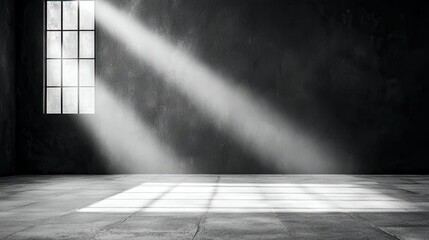Sunlight streams through a large window, casting dramatic shadows across a dark, textured wall and concrete floor in an empty room.
