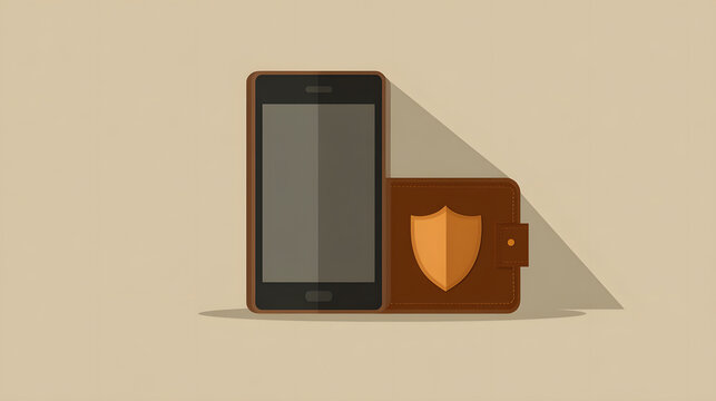 Flat vector phone with wallet and shield.