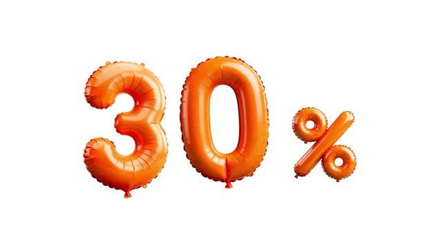 30 PERCENT off orange foil balloon number animation isolated on solid background for sale discount.