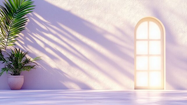 A softly lit interior scene features a potted plant and an arched window with sunlight and shadow patterns. - Powered by Adobe