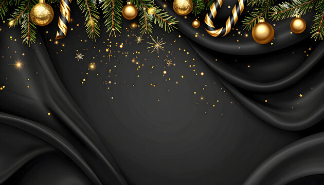 An elegant and luxurious Christmas background featuring golden decorations on flowing black silk fabric, perfect for festive greetings - Powered by Adobe