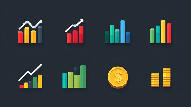 Simple flat icons of charts, bars, money metrics.