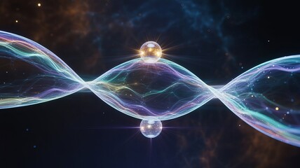 Celestial Symphony: A vibrant representation of energy and cosmic forces. Floating orbs of light intertwine with swirling energy, showcasing the vastness of the universe