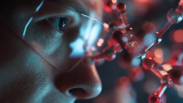 Antibiotic molecular research, close-up of molecular chain 3D model glowing under microscope, scientist analyzing pattern.