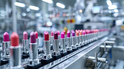 Lipsticks aligned on factory conveyor belt, ready for packaging