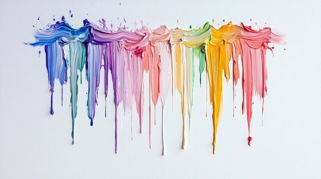 A vibrant spectrum of paint colors, from blue to pink, is smeared horizontally and drips down on a clean white surface.