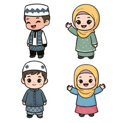 Set of Cute Chibi Muslim Kids Characters in Traditional Eid Clothing