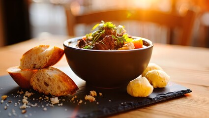 Pepper Pot Stew Bowl with Dumplings and Fresh Bread 