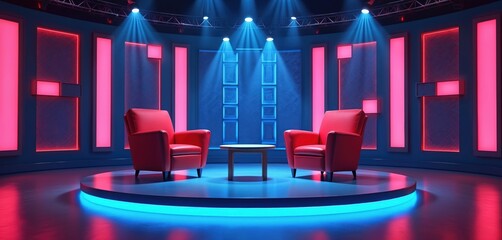 Empty modern tv studio show stage set for recording talk show. Red armchairs stand on illuminated blue round platform. Spotlights shine on space. Setup for tv show ambience.