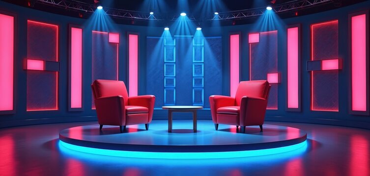 Empty modern tv studio show stage set for recording talk show. Red armchairs stand on illuminated blue round platform. Spotlights shine on space. Setup for tv show ambience.