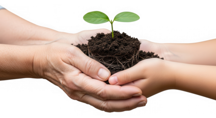 Adult and child hands holding young plant with soil isolated on transparent background
