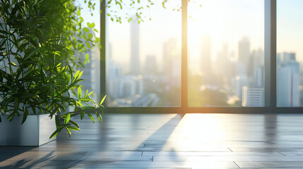 Modern Office Interior with Green Plants and Sunny City View