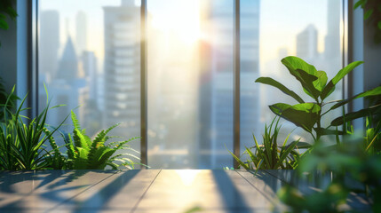 Modern Office Interior with Plant and Bright City Sunlight View