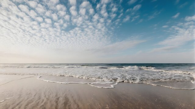 Sunny Tropical Beach with White Sand, Clear Turquoise Ocean, and Fluffy Clouds
