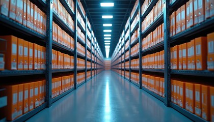 Fototapeta premium Long corridor filled with orange binders on metal shelves. Rows of storage folders stretch into distance. Illuminated archive room, organized data center. Records, paperwork storage, information