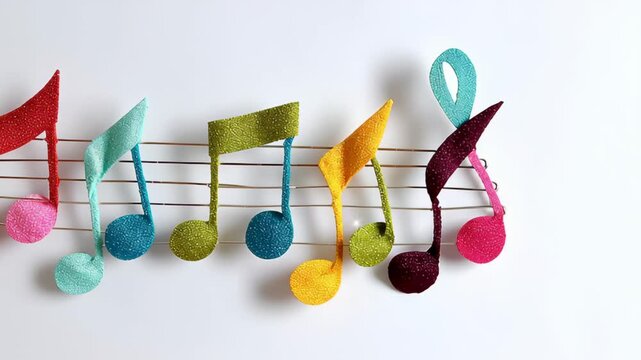 Colorful display of musical notes on a white background. The notes are arranged in a row, with each one in a different color. Scene is cheerful and playful