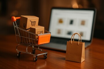 Miniature shopping cart filled with small cardboard boxes and a paper bag placed on a wooden café table beside a laptop displaying an online shopping website, symbolizing modern e-commerce and digital