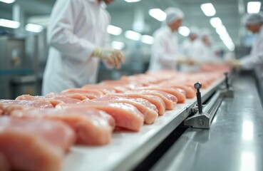 Workers in clean suits and hairnets process fresh chicken fillets on automated conveyor belt line in modern food manufacturing facility. Precision cutting and packaging for consumer ready products.