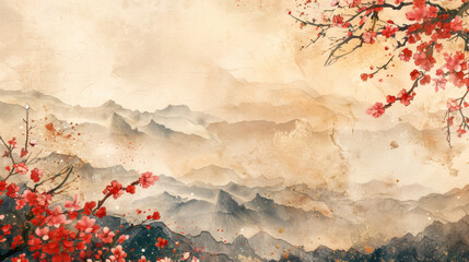 Japanese Style Watercolor and Washi Background with Plum Blossoms