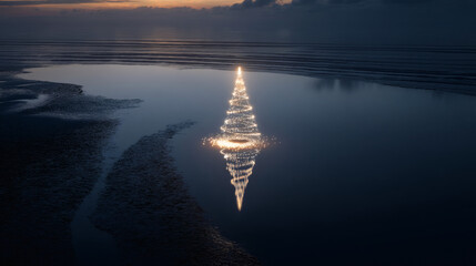 Surreal Glowing Christmas Tree Reflected on Calm Water at Dusk