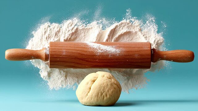 Wooden rolling pin is on top of a dough ball. The dough ball is covered in flour
