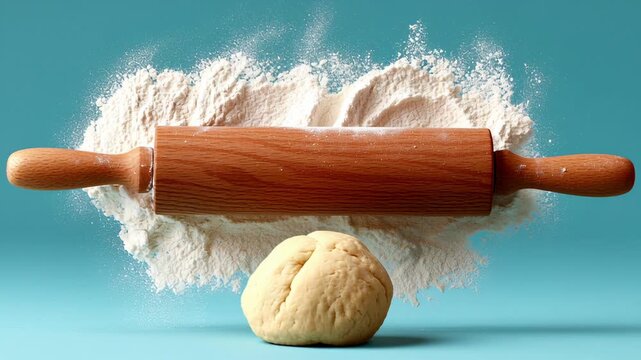 Wooden rolling pin is on top of a dough ball. The dough ball is covered in flour