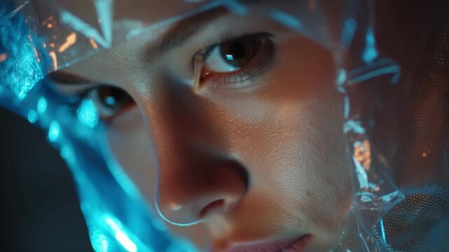 Biolab infection study, researcher with gloves working with containment hood, soft UV reflections.