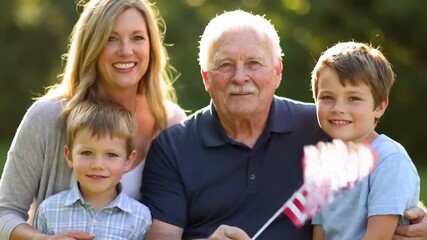 Family portrait outdoors, smiling with an American flag, with a blurred green background. For holidays - Powered by Adobe
