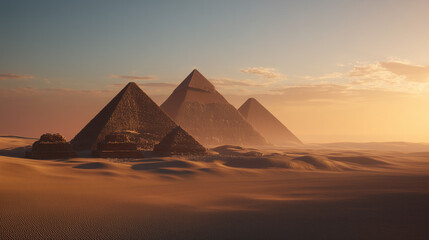 AI-generated image - A stunning view of ancient pyramids rising from golden desert dunes under warm sunset light, showcasing dramatic shadows, vast landscapes, and timeless architectural beauty.