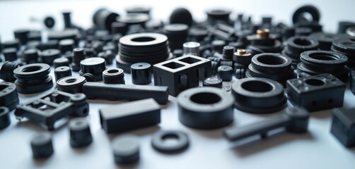 Fototapeta premium Scattered assortment of black plastic injection molded parts. Various shapes and sizes of precision components for industry, engineering, and manufacturing. Production elements on white background.