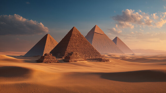 AI-generated image - A stunning view of ancient pyramids rising from golden desert dunes under warm sunset light, showcasing dramatic shadows, vast landscapes, and timeless architectural beauty. - Powered by Adobe