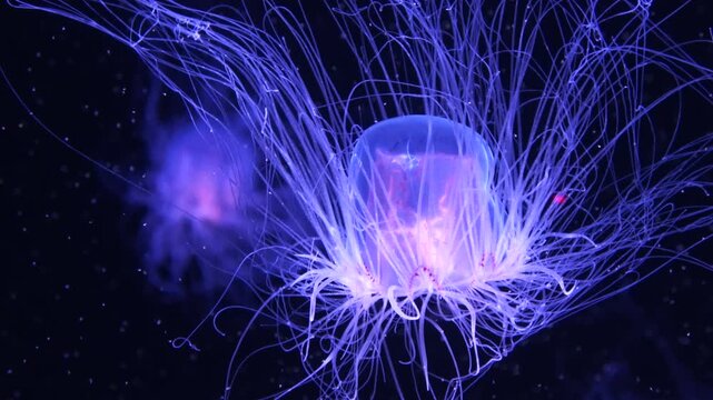 Closeup shot of Spirocodon Saltator, the endemic jellyfish of Japan floating underwater. 4K  