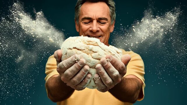 Man is holding a piece of bread in his hands. The bread is covered in flour, and the man is surrounded by a cloud of flour. Concept of playfulness and lightheartedness