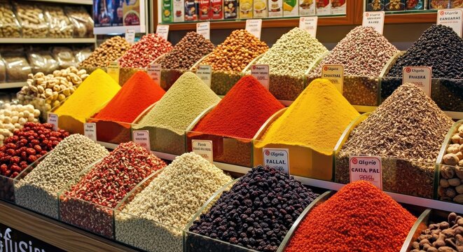 Colorful Spices Displayed in Market Bins with Labels - Powered by Adobe