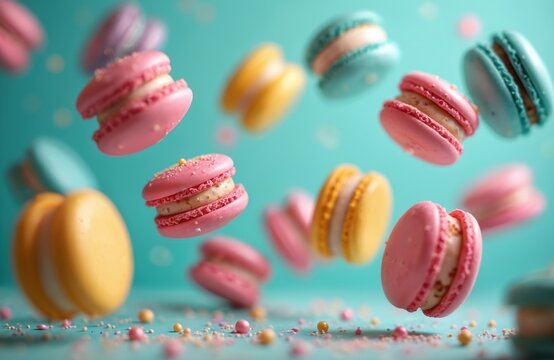 Colorful macarons float in the air. Sweet dessert cookies of different colors with cream filling. Food photography features floating cakes on blue background.